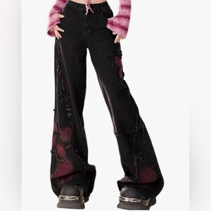 Women's Black and Red Distressed Baggy Jeans